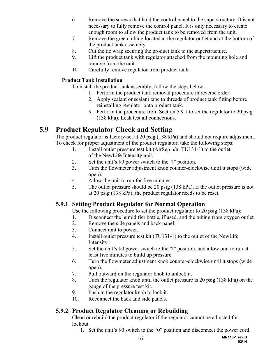 9 product regulator check and setting, Setting product regulator for normal operation, 2 product regulator cleaning or rebuilding | AirSep MN118-1 B User Manual | Page 21 / 40