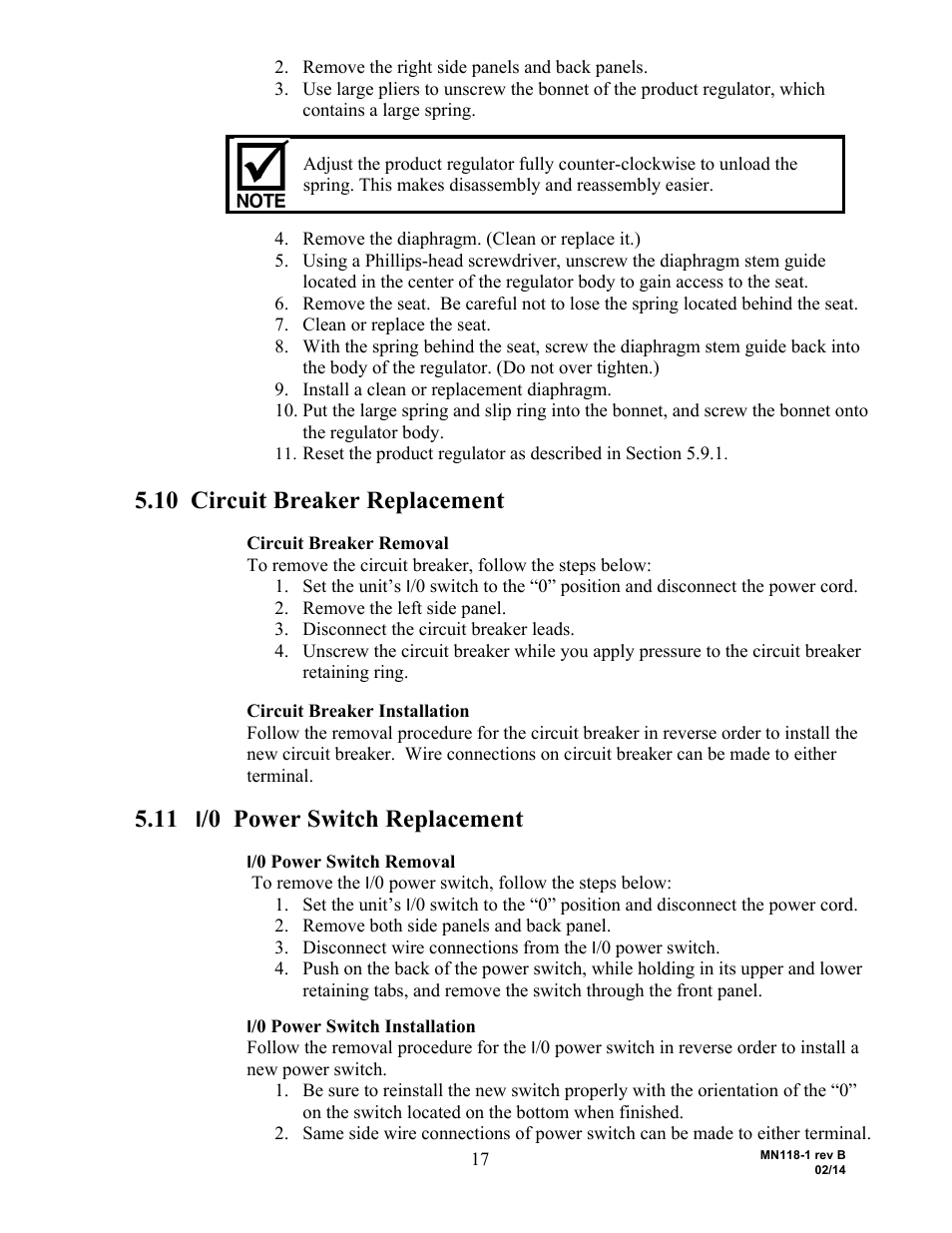 10 circuit breaker replacement, 0 power switch replacement | AirSep MN118-1 B User Manual | Page 22 / 40