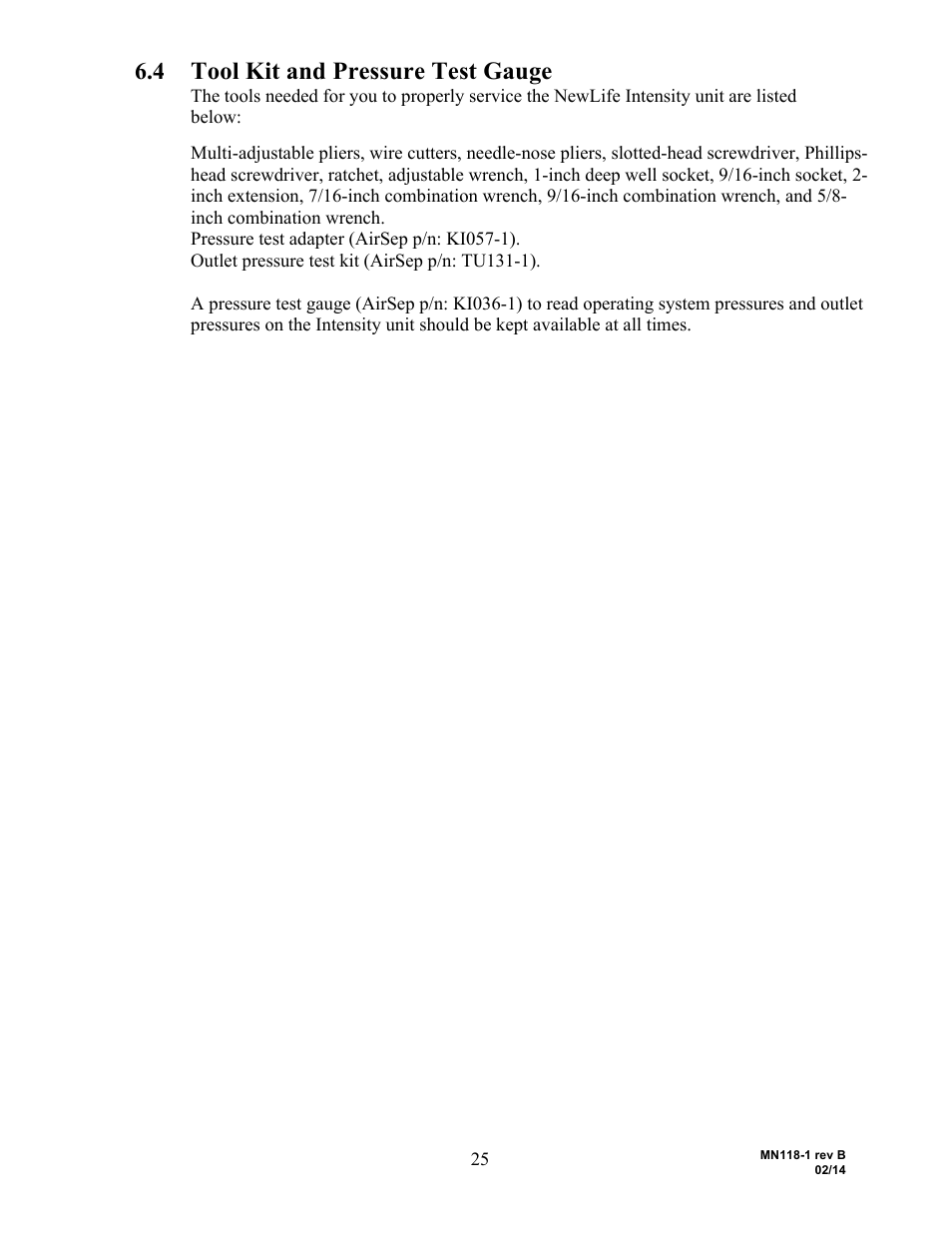 Tool kit and pressure test gauge | AirSep MN118-1 B User Manual | Page 30 / 40