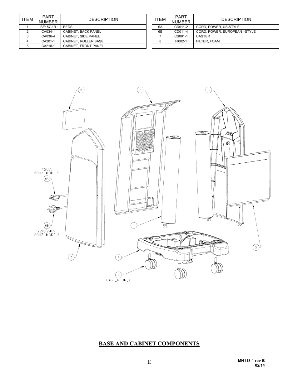 Base and cabinet components | AirSep MN118-1 B User Manual | Page 36 / 40