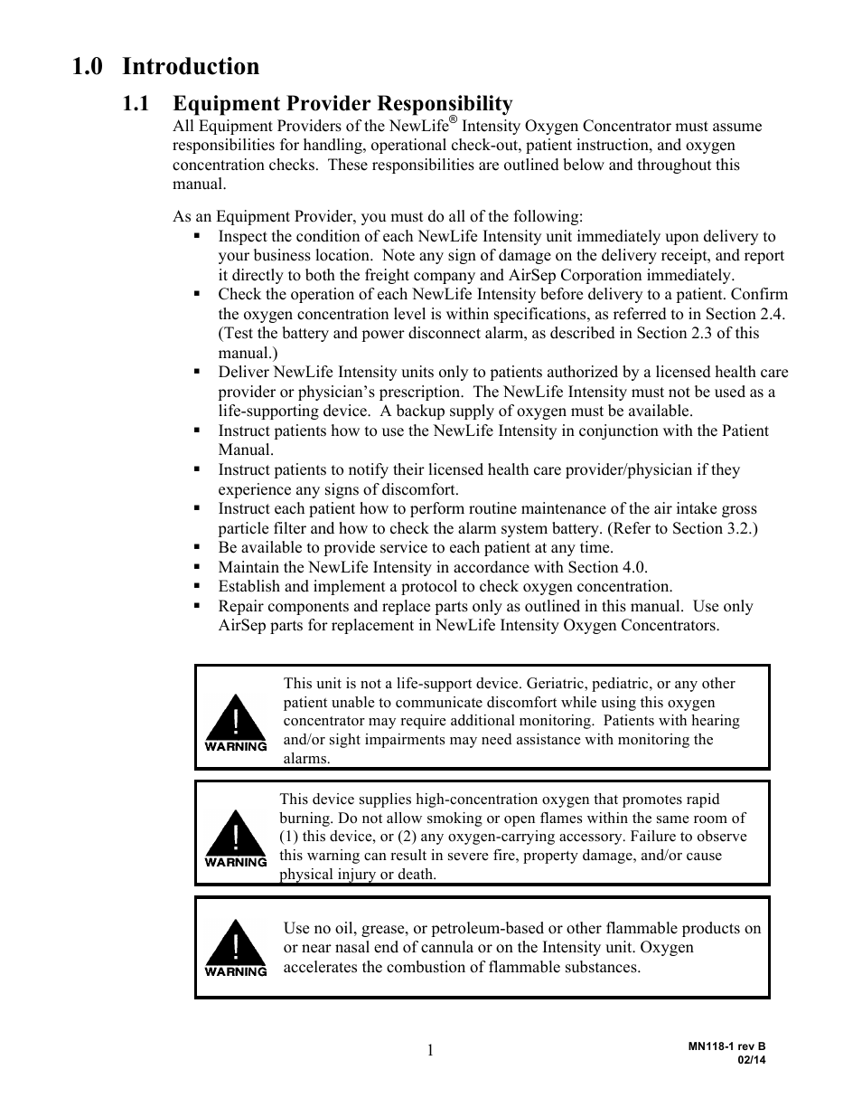 0 introduction, 1 equipment provider responsibility | AirSep MN118-1 B User Manual | Page 6 / 40