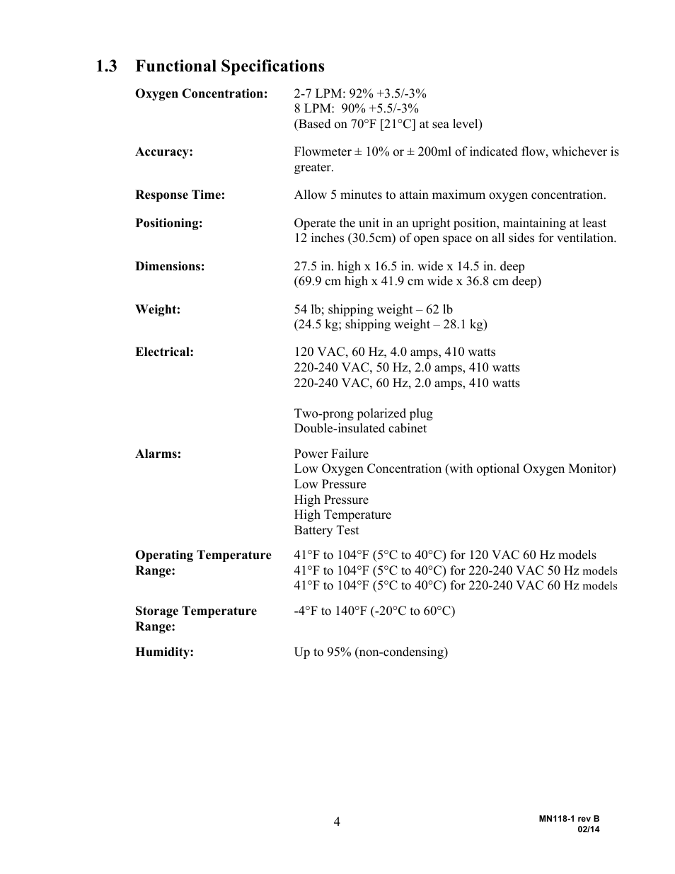 3 functional specifications | AirSep MN118-1 B User Manual | Page 9 / 40