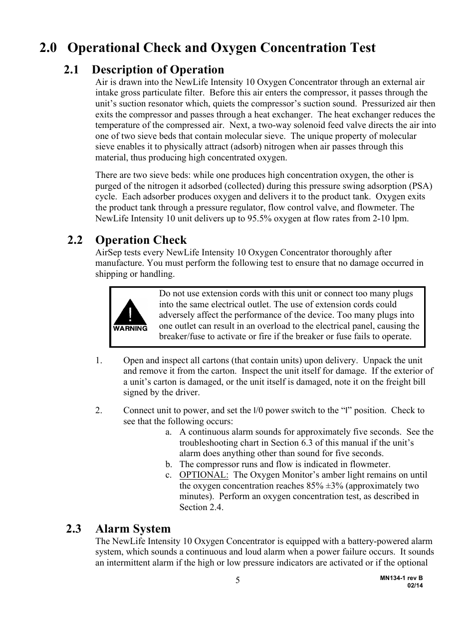 0 operational check and oxygen concentration test, 1 description of operation, 2 operation check | 3 alarm system | AirSep MN134-1 B User Manual | Page 10 / 40