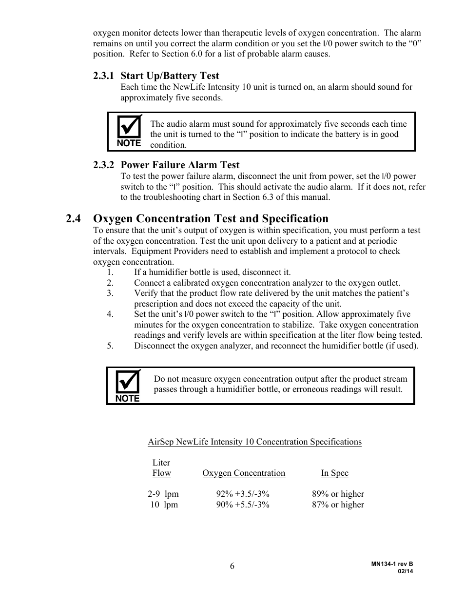 Oxygen concentration test and specification | AirSep MN134-1 B User Manual | Page 11 / 40