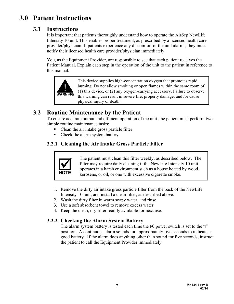 0 patient instructions, 1 instructions, 2 routine maintenance by the patient | 1 cleaning the air intake gross particle filter, 2 checking the alarm system battery | AirSep MN134-1 B User Manual | Page 12 / 40