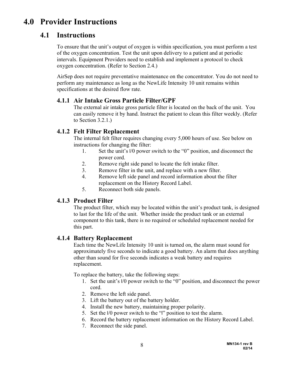 0 provider instructions, 1 instructions, 1 air intake gross particle filter/gpf | 2 felt filter replacement, 3 product filter, 4 battery replacement | AirSep MN134-1 B User Manual | Page 13 / 40