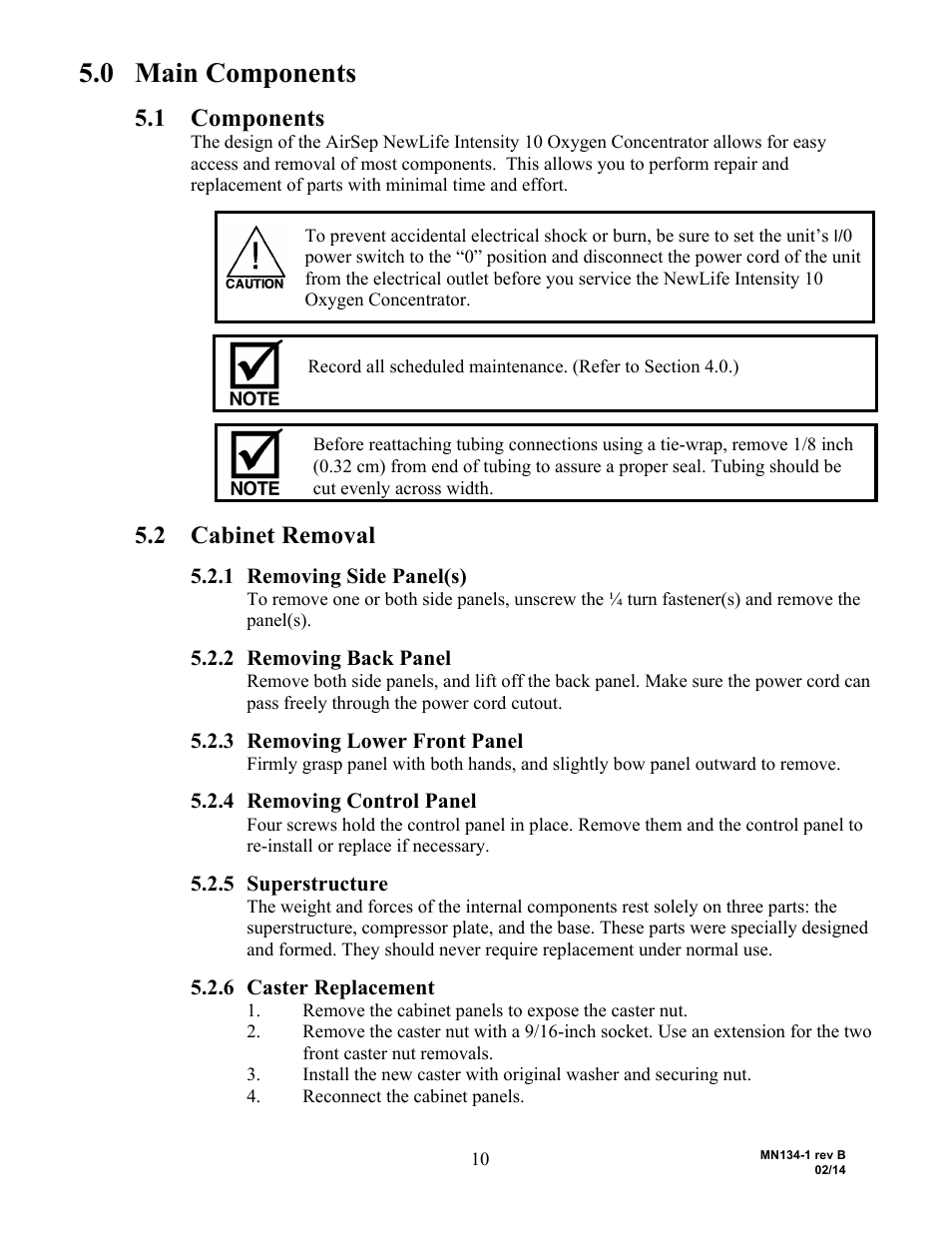 0 main components, 1 components, 2 cabinet removal | 1 removing side panel(s), 2 removing back panel, 3 removing lower front panel, 4 removing control panel, 5 superstructure, 6 caster replacement | AirSep MN134-1 B User Manual | Page 15 / 40