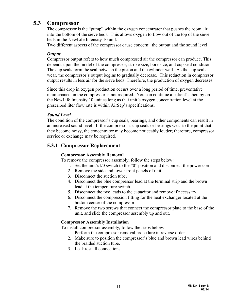 3 compressor, 1 compressor replacement | AirSep MN134-1 B User Manual | Page 16 / 40