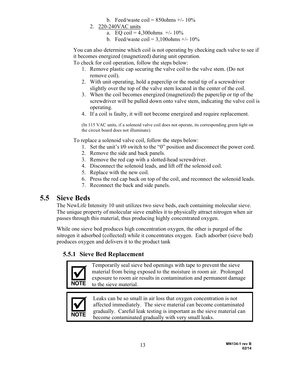 5 sieve beds, 1 sieve bed replacement | AirSep MN134-1 B User Manual | Page 18 / 40