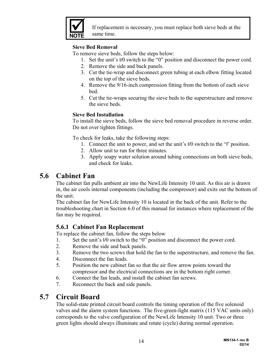 6 cabinet fan, 7 circuit board, 1 cabinet fan replacement | AirSep MN134-1 B User Manual | Page 19 / 40