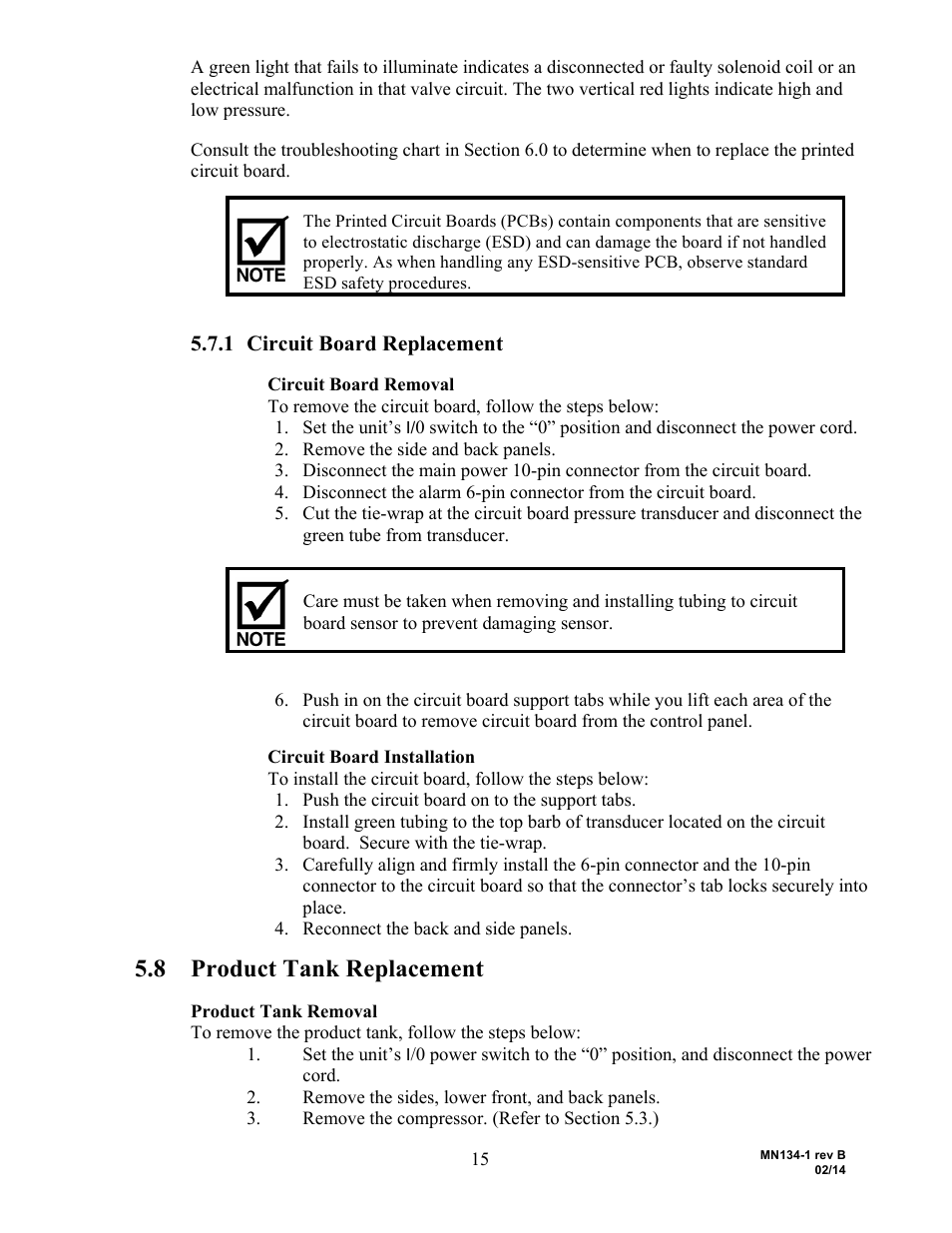 8 product tank replacement, 1 circuit board replacement | AirSep MN134-1 B User Manual | Page 20 / 40