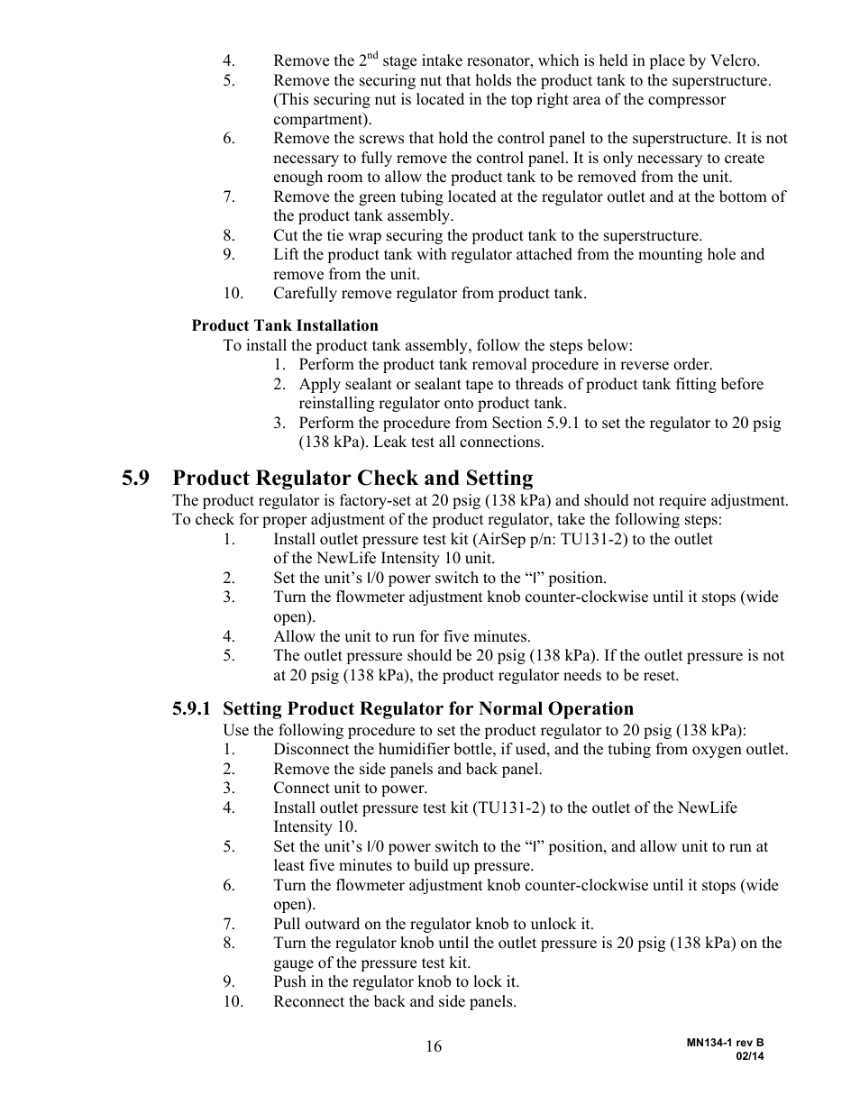 9 product regulator check and setting, Setting product regulator for normal operation | AirSep MN134-1 B User Manual | Page 21 / 40