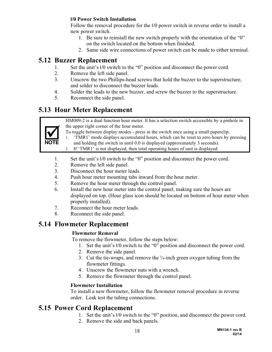 12 buzzer replacement, 13 hour meter replacement, 14 flowmeter replacement | 15 power cord replacement | AirSep MN134-1 B User Manual | Page 23 / 40
