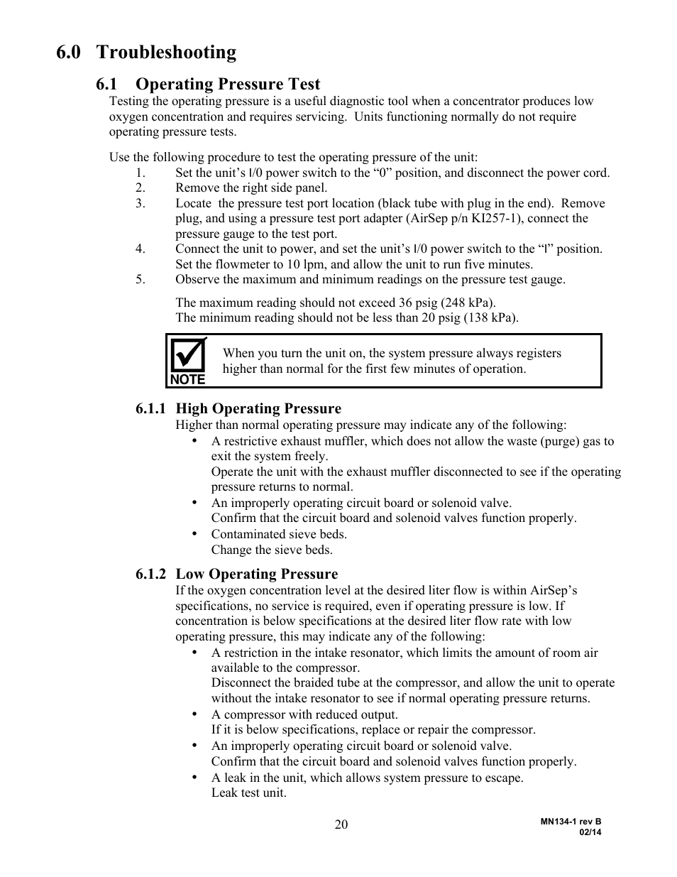 0 troubleshooting, 1 operating pressure test, 1 high operating pressure | 2 low operating pressure | AirSep MN134-1 B User Manual | Page 25 / 40