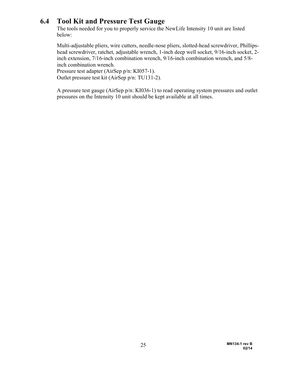Tool kit and pressure test gauge | AirSep MN134-1 B User Manual | Page 30 / 40