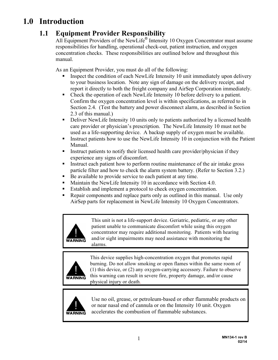 0 introduction, 1 equipment provider responsibility | AirSep MN134-1 B User Manual | Page 6 / 40