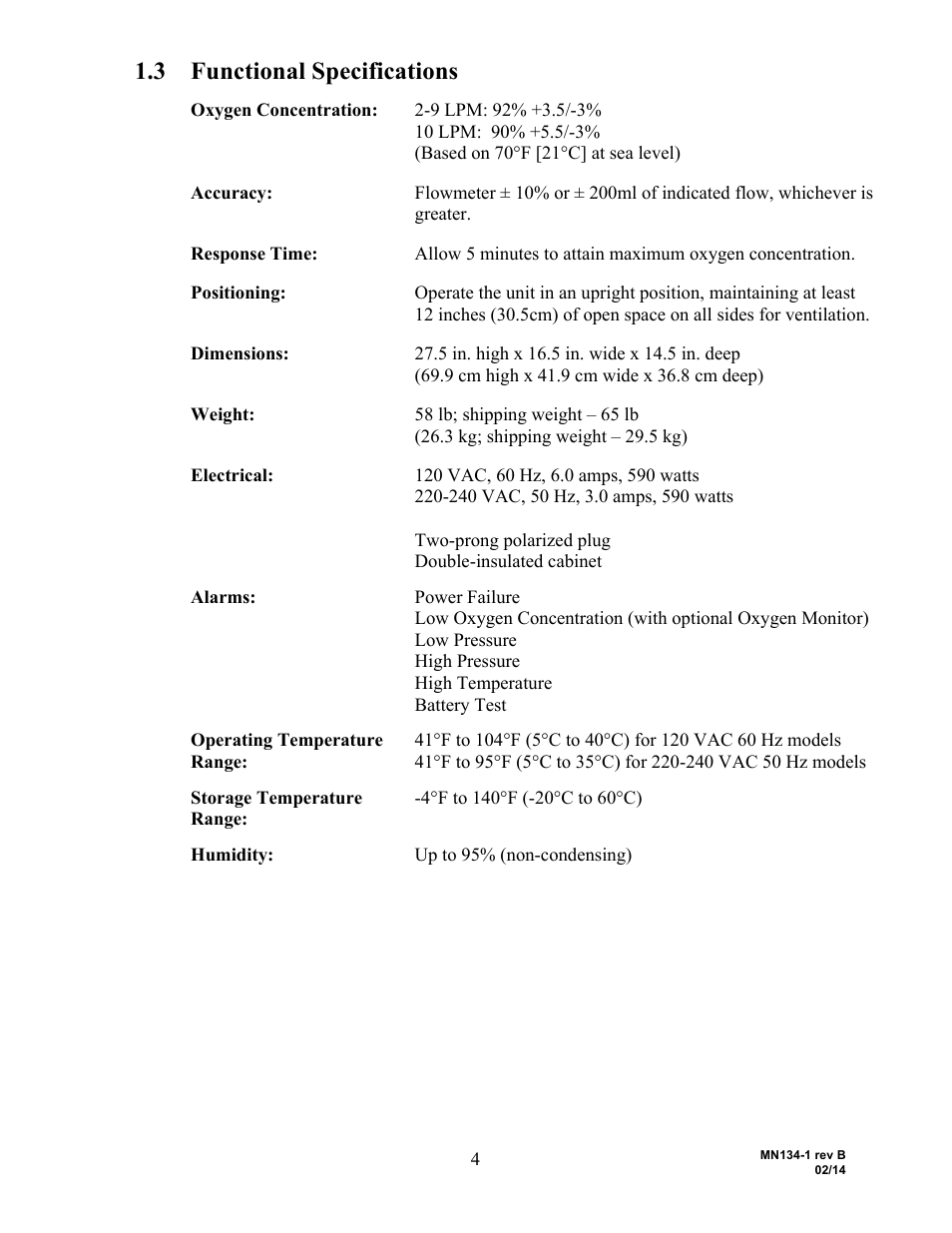 3 functional specifications | AirSep MN134-1 B User Manual | Page 9 / 40