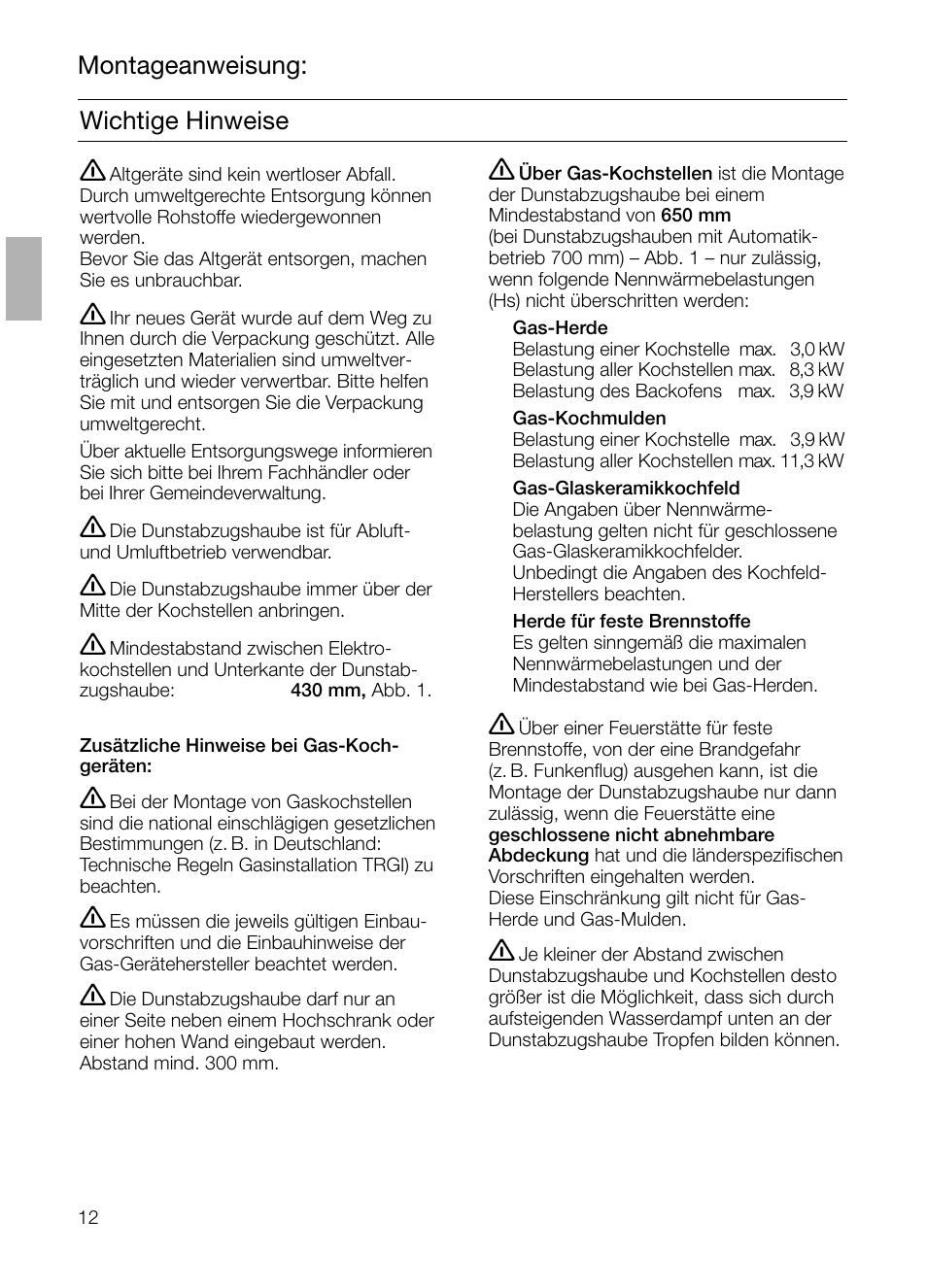 Montageanweisung: wichtige hinweise | Neff D4692X0 User Manual | Page 12 / 116