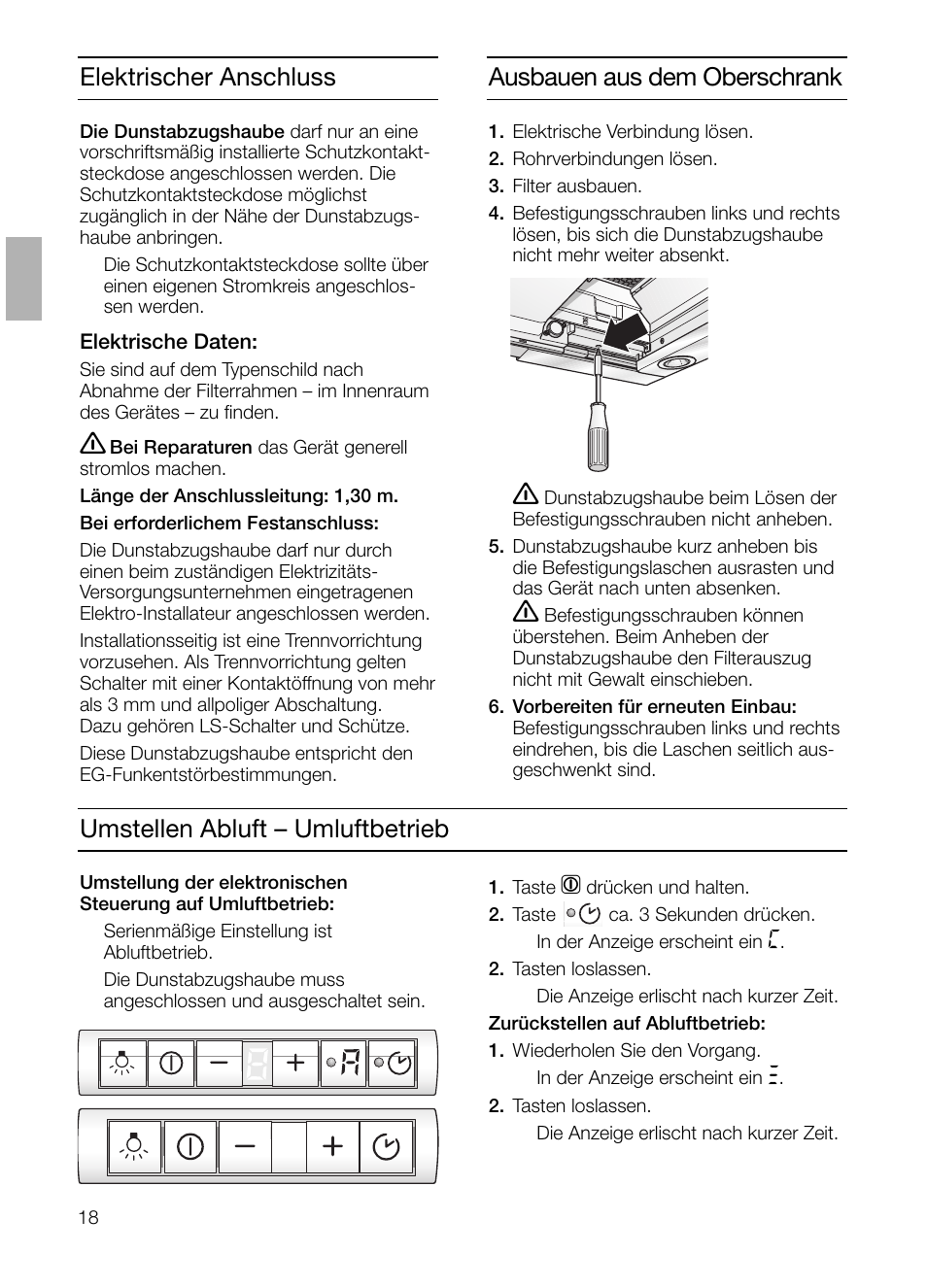 Umstellen abluft – umluftbetrieb, Ausbauen aus dem oberschrank, Elektrischer anschluss | Neff D4692X0 User Manual | Page 18 / 116