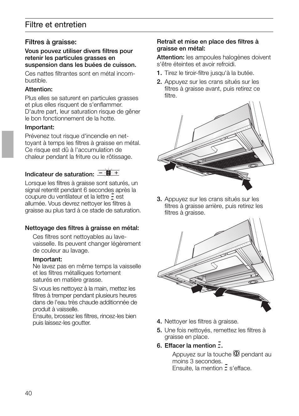 Filtre et entretien | Neff D4692X0 User Manual | Page 40 / 116