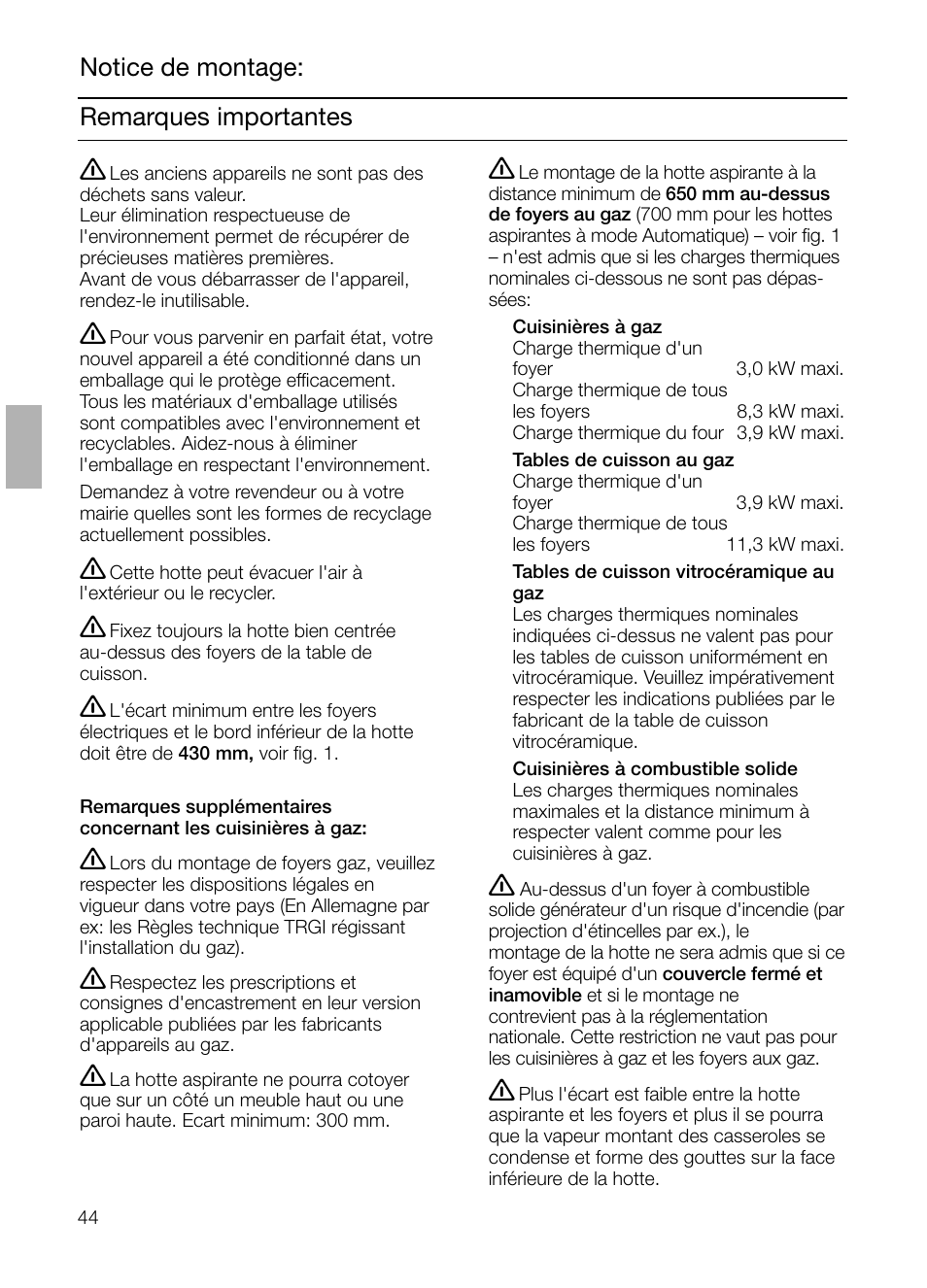 Remarques importantes notice de montage | Neff D4692X0 User Manual | Page 44 / 116