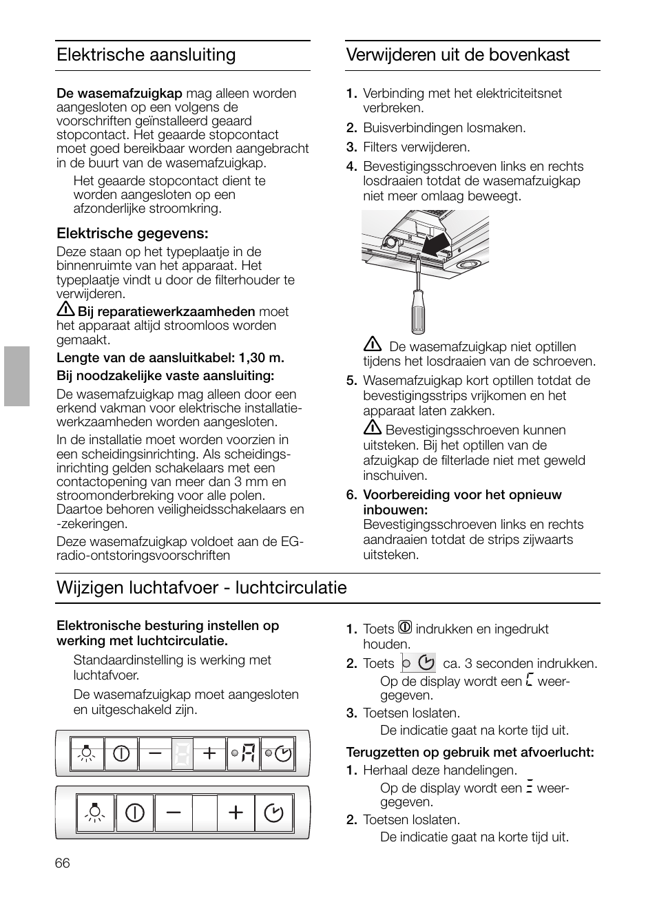 Wijzigen luchtafvoer - luchtcirculatie, Verwijderen uit de bovenkast, Elektrische aansluiting | Neff D4692X0 User Manual | Page 66 / 116