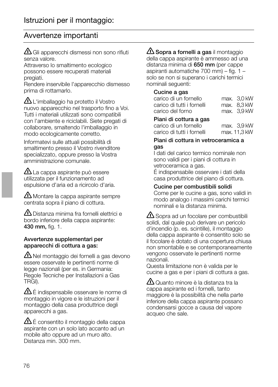 Avvertenze importanti istruzioni per il montaggio | Neff D4692X0 User Manual | Page 76 / 116