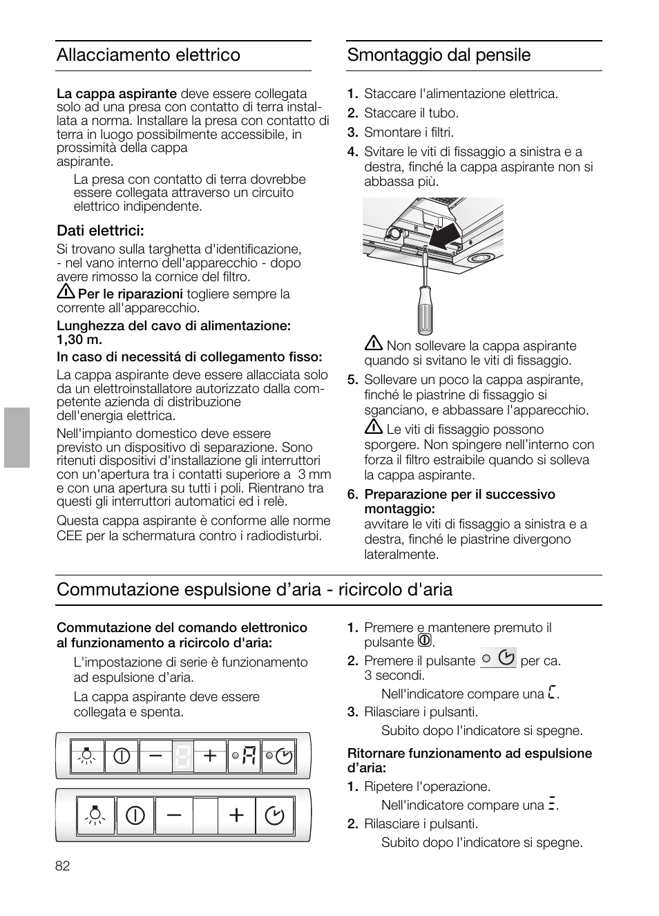 Commutazione espulsione d’aria - ricircolo d'aria, Smontaggio dal pensile, Allacciamento elettrico | Neff D4692X0 User Manual | Page 82 / 116