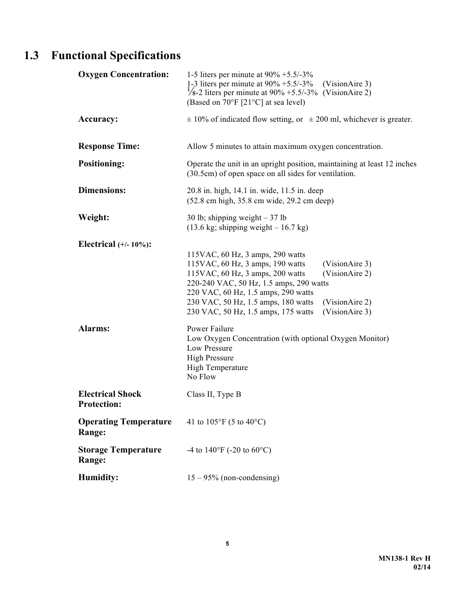 3 functional specifications | AirSep MN138-1 H User Manual | Page 11 / 46