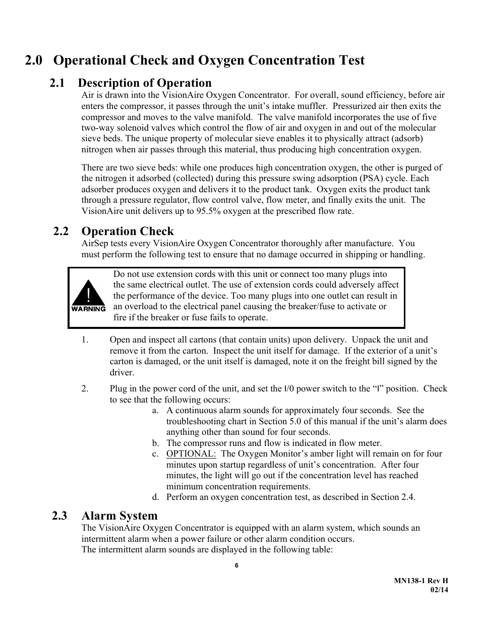 0 operational check and oxygen concentration test, 1 description of operation, 2 operation check | 3 alarm system | AirSep MN138-1 H User Manual | Page 12 / 46