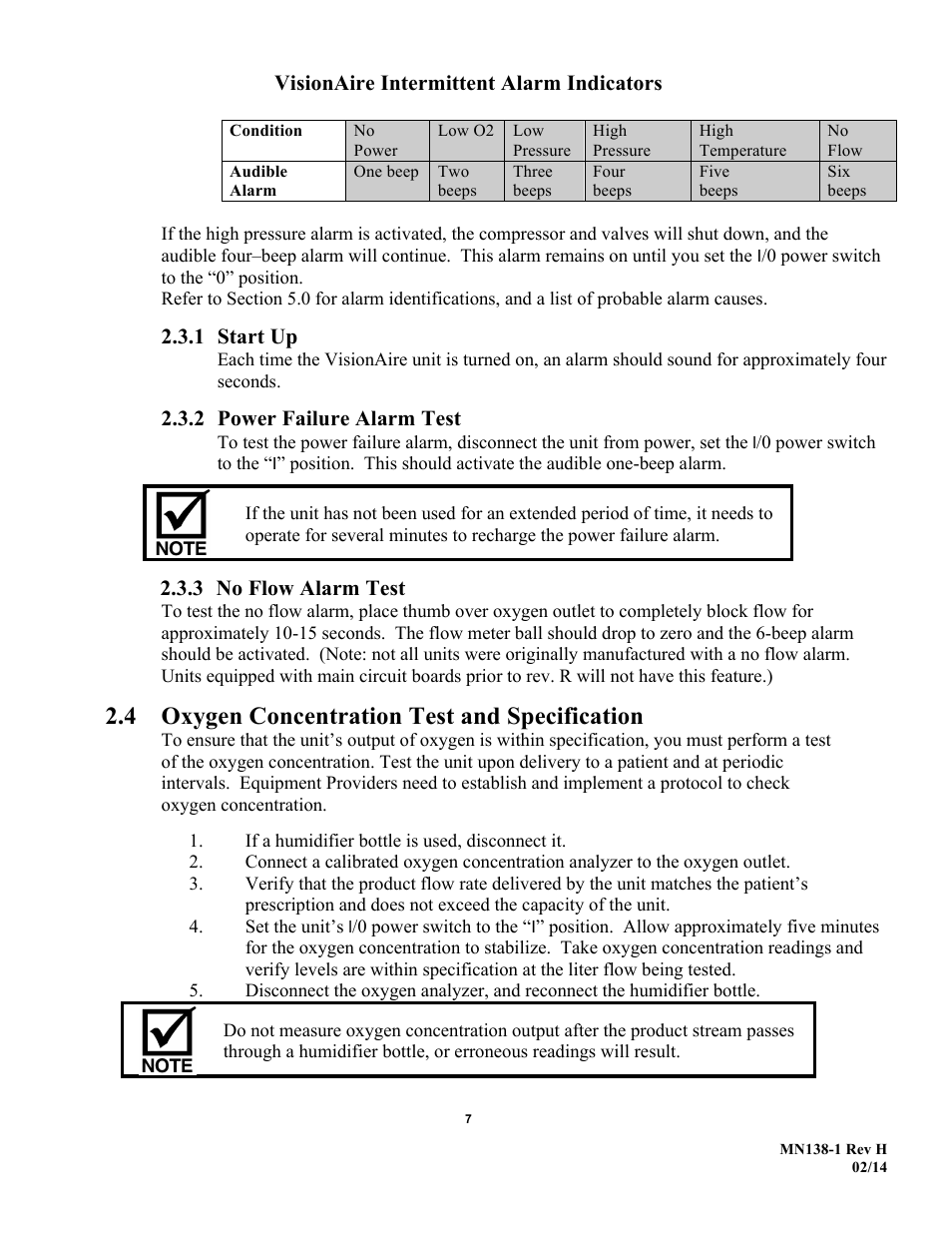 Oxygen concentration test and specification, Visionaire intermittent alarm indicators, 1 start up | 2 power failure alarm test, 3 no flow alarm test | AirSep MN138-1 H User Manual | Page 13 / 46