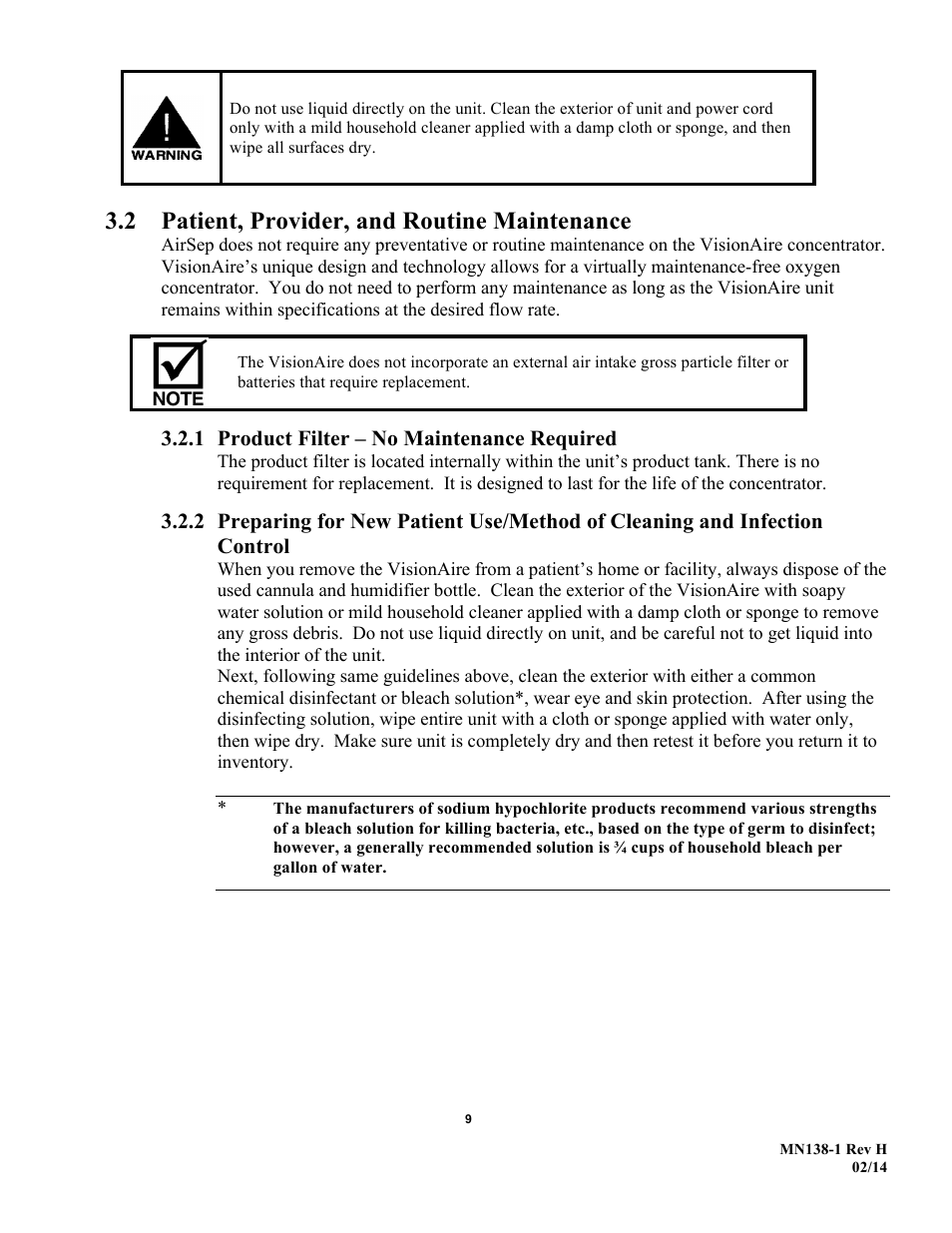 2 patient, provider, and routine maintenance, 1 product filter – no maintenance required | AirSep MN138-1 H User Manual | Page 15 / 46