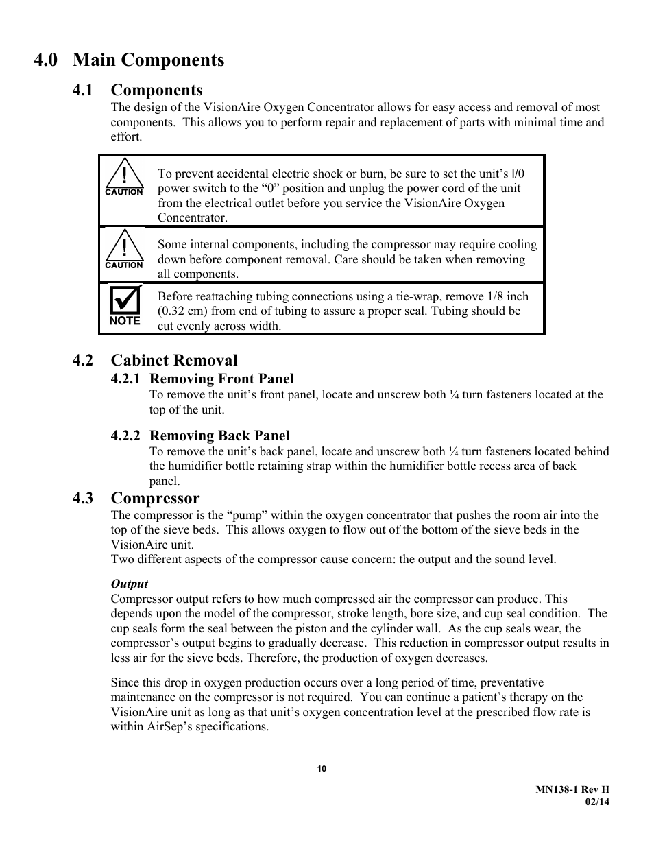 0 main components, 1 components, 2 cabinet removal | 3 compressor, 1 removing front panel, 2 removing back panel | AirSep MN138-1 H User Manual | Page 16 / 46