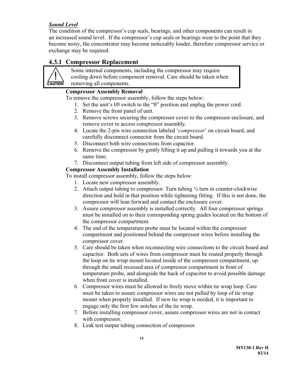 1 compressor replacement | AirSep MN138-1 H User Manual | Page 17 / 46