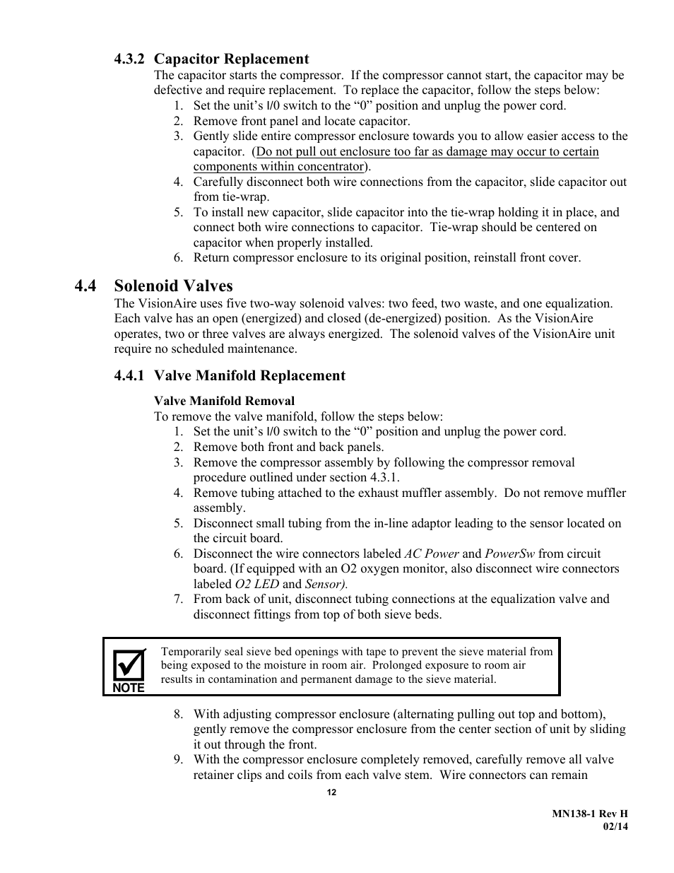 4 solenoid valves, 2 capacitor replacement, 1 valve manifold replacement | AirSep MN138-1 H User Manual | Page 18 / 46