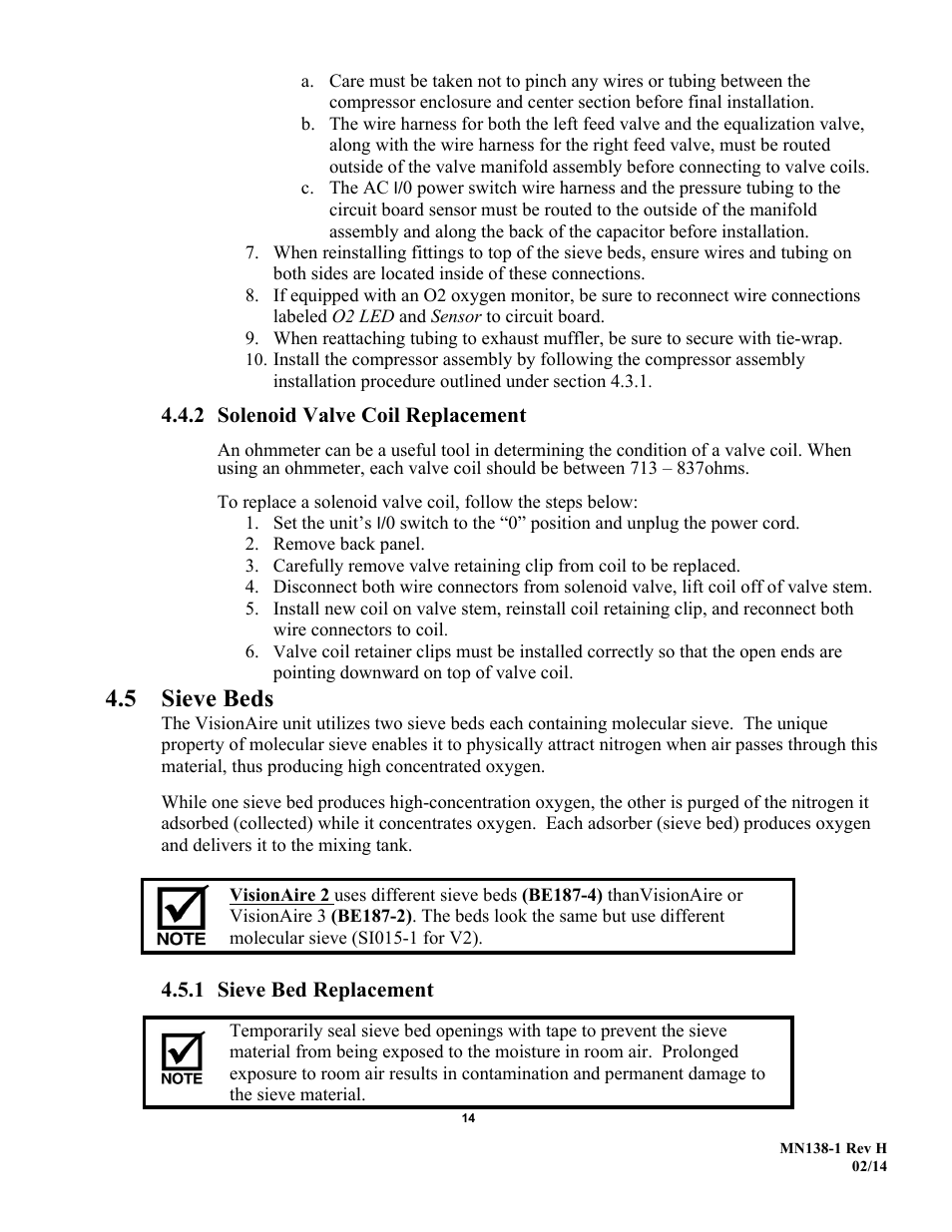 5 sieve beds, 2 solenoid valve coil replacement, 1 sieve bed replacement | AirSep MN138-1 H User Manual | Page 20 / 46