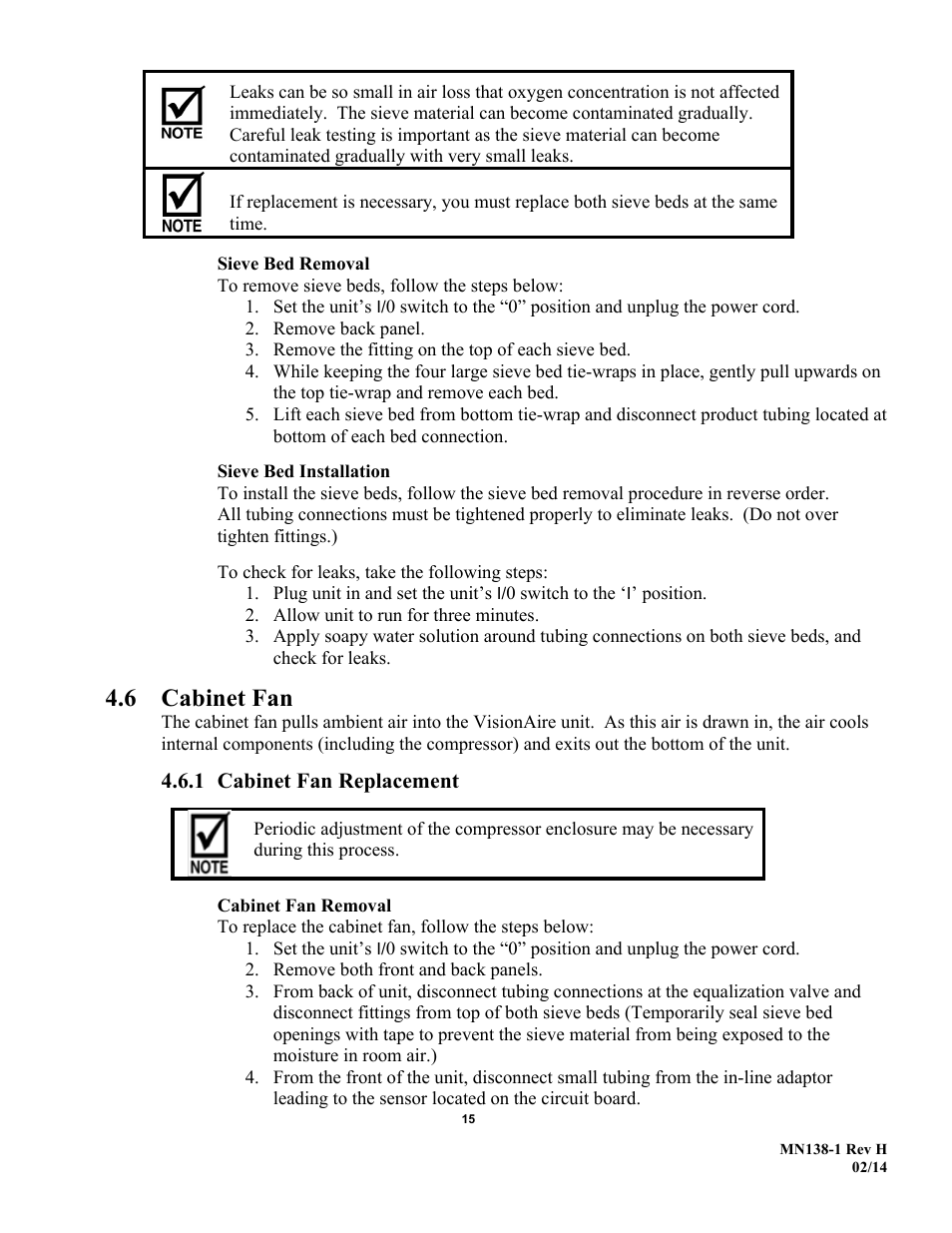 6 cabinet fan, 1 cabinet fan replacement | AirSep MN138-1 H User Manual | Page 21 / 46