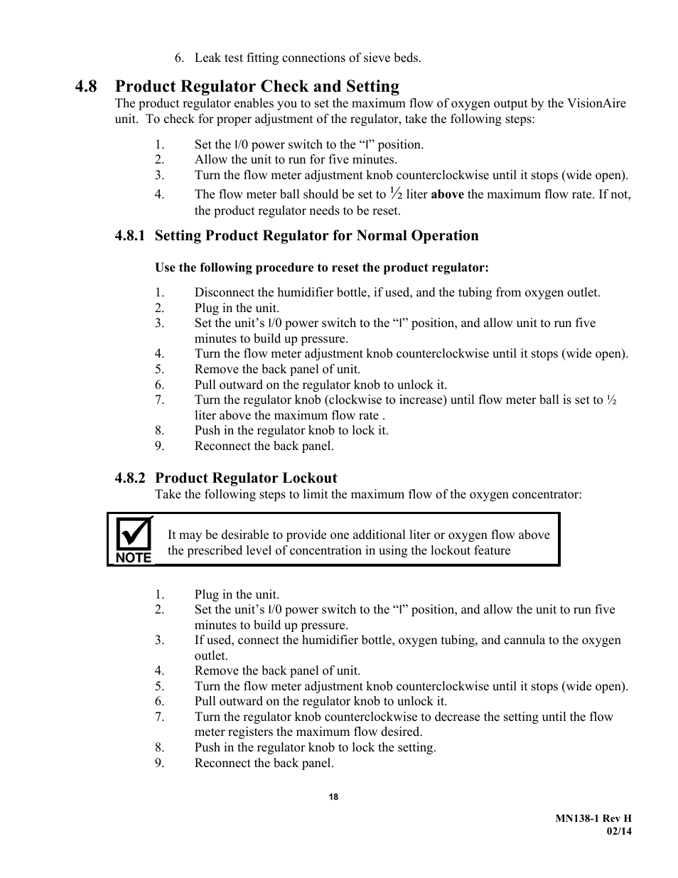 8 product regulator check and setting, Setting product regulator for normal operation, 2 product regulator lockout | AirSep MN138-1 H User Manual | Page 24 / 46