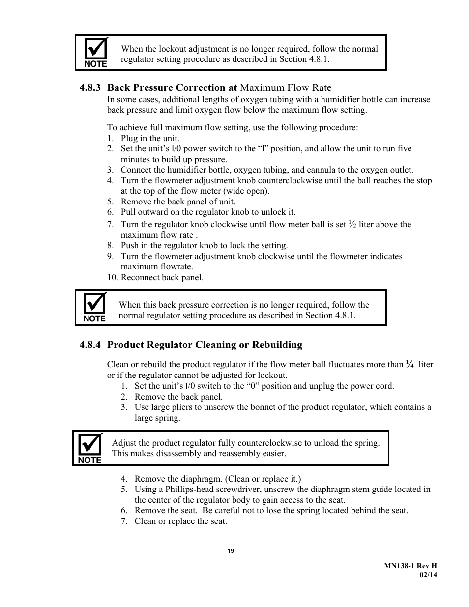 3 back pressure correction at maximum flow rate, 4 product regulator cleaning or rebuilding | AirSep MN138-1 H User Manual | Page 25 / 46