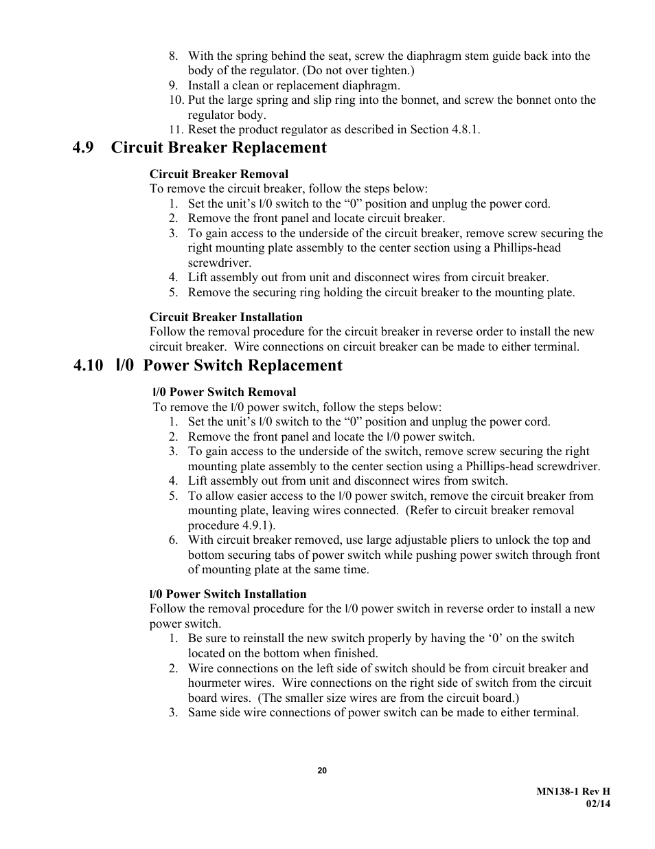 Circuit breaker replacement, 10 i, Power switch replacement | AirSep MN138-1 H User Manual | Page 26 / 46