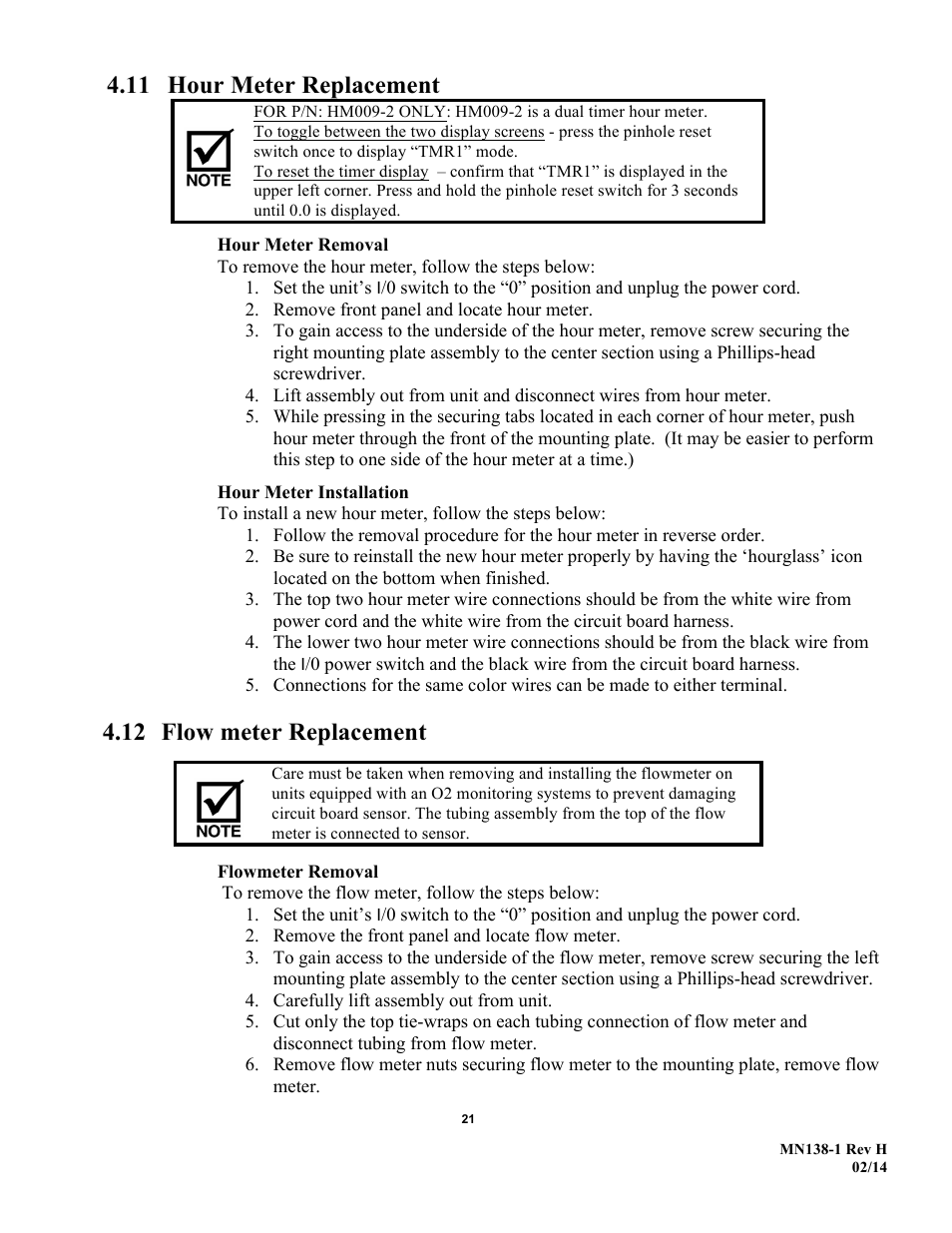 11 hour meter replacement, 12 flow meter replacement | AirSep MN138-1 H User Manual | Page 27 / 46
