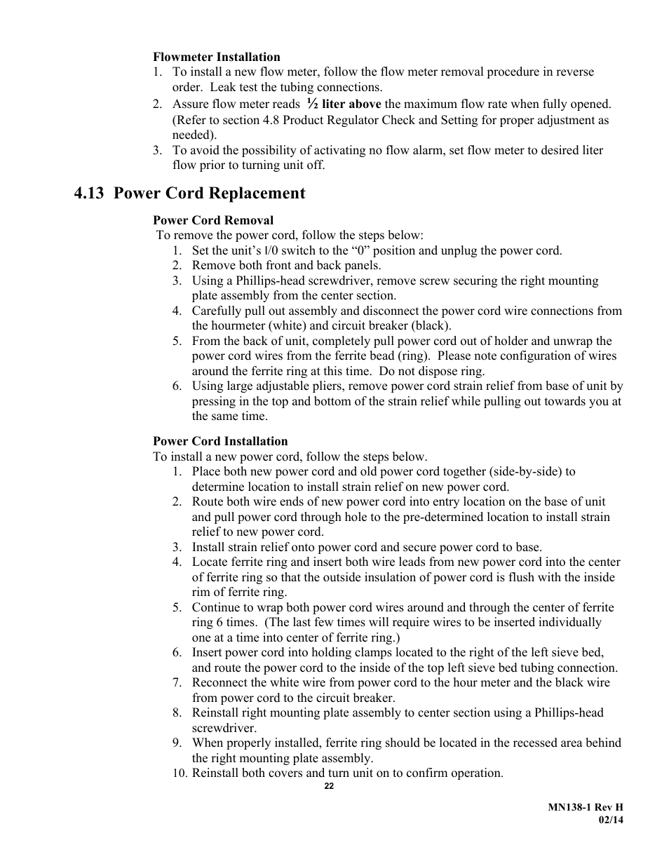 13 power cord replacement | AirSep MN138-1 H User Manual | Page 28 / 46