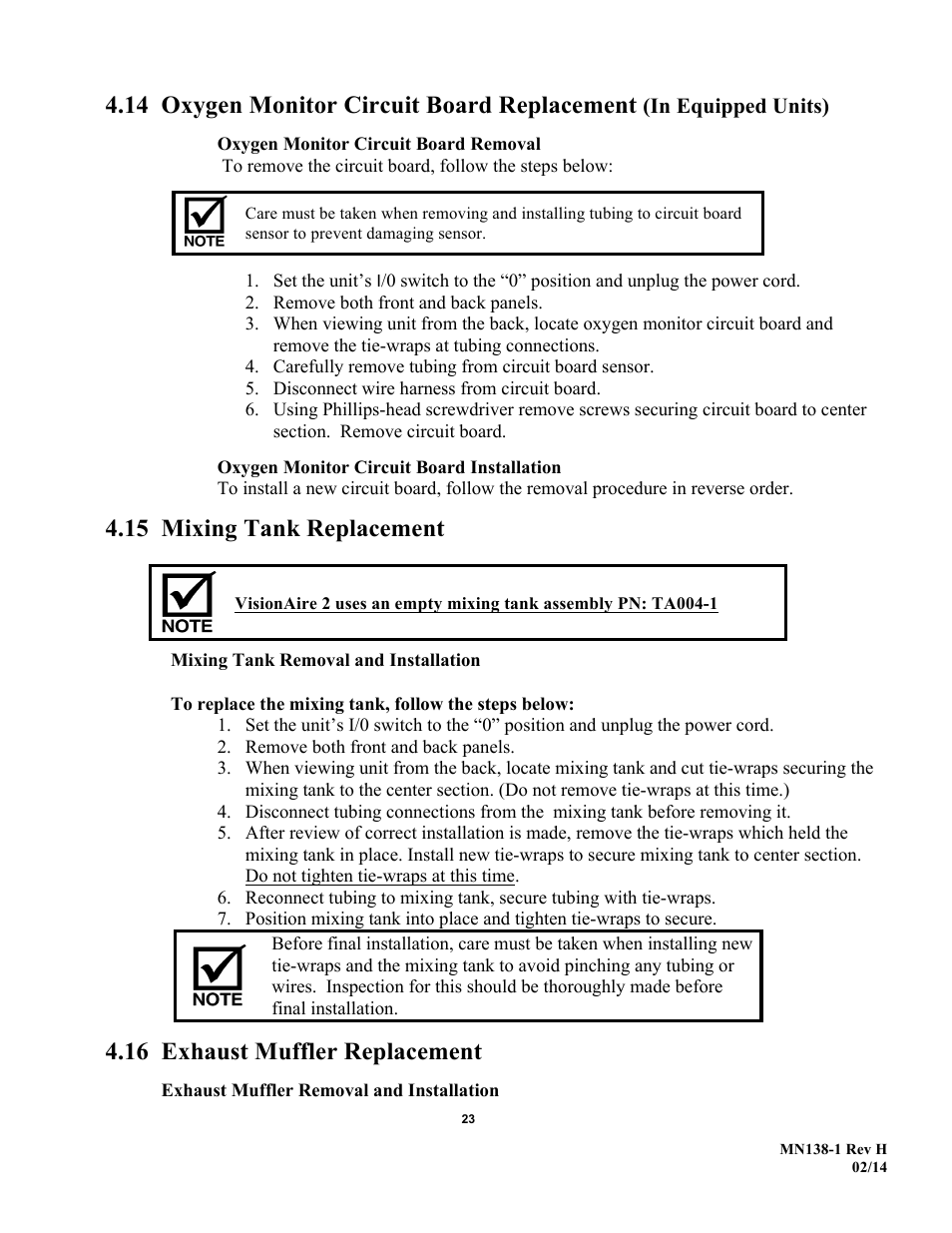 14 oxygen monitor circuit board replacement, 15 mixing tank replacement, 16 exhaust muffler replacement | AirSep MN138-1 H User Manual | Page 29 / 46