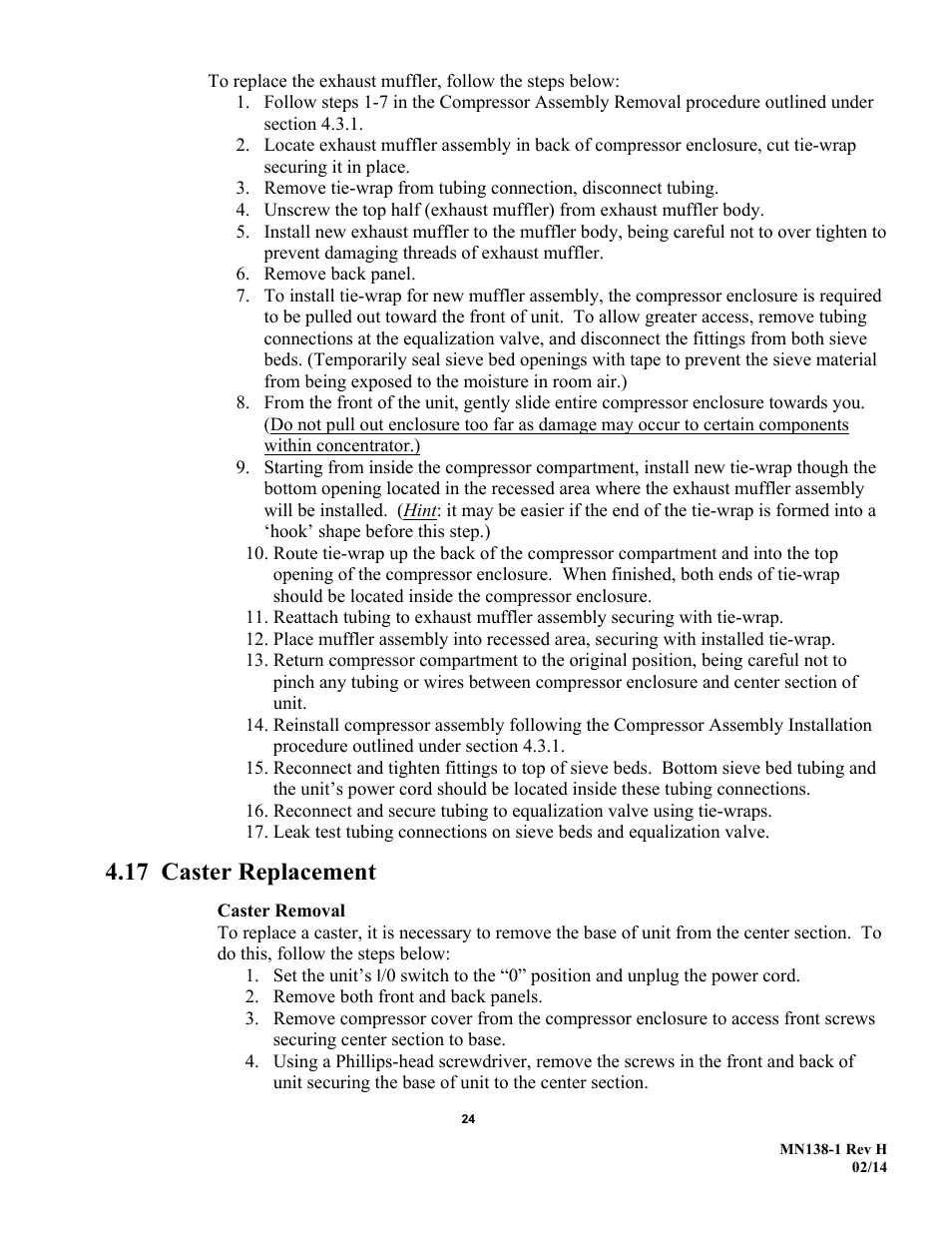 17 caster replacement | AirSep MN138-1 H User Manual | Page 30 / 46