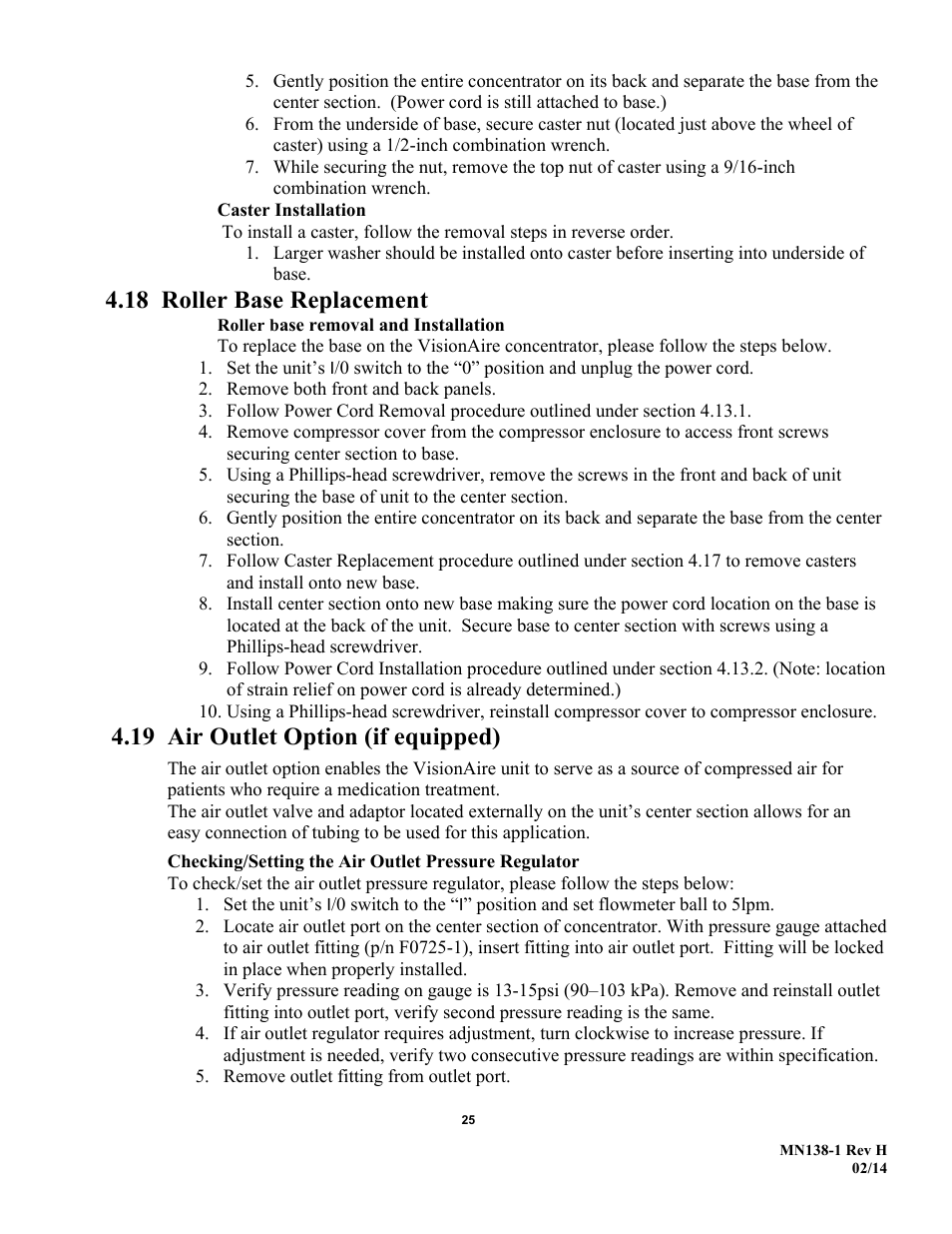 18 roller base replacement, 19 air outlet option (if equipped) | AirSep MN138-1 H User Manual | Page 31 / 46