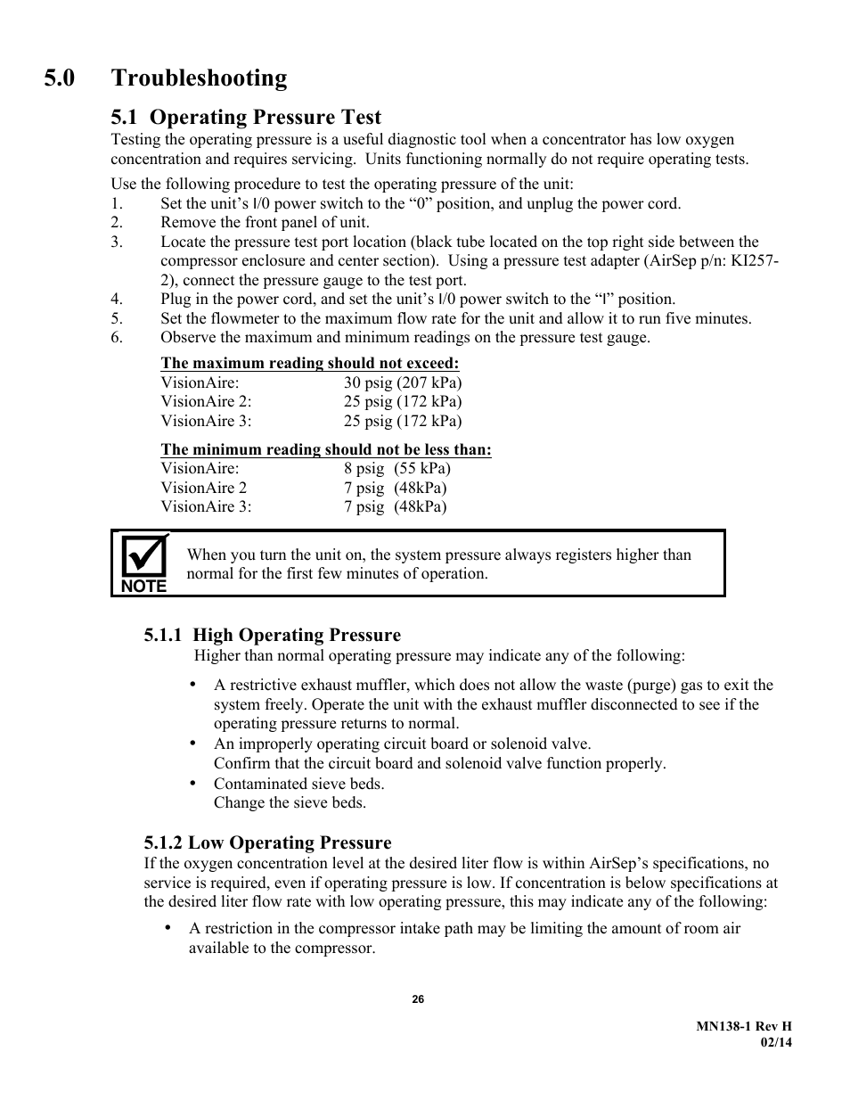 0 troubleshooting, 1 operating pressure test, 1 high operating pressure | 2 low operating pressure | AirSep MN138-1 H User Manual | Page 32 / 46