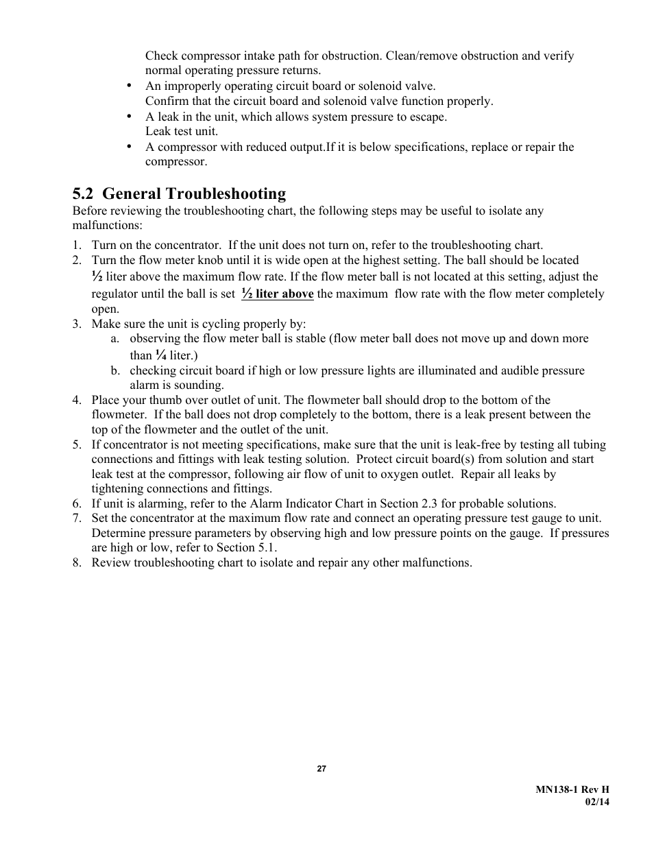 2 general troubleshooting | AirSep MN138-1 H User Manual | Page 33 / 46