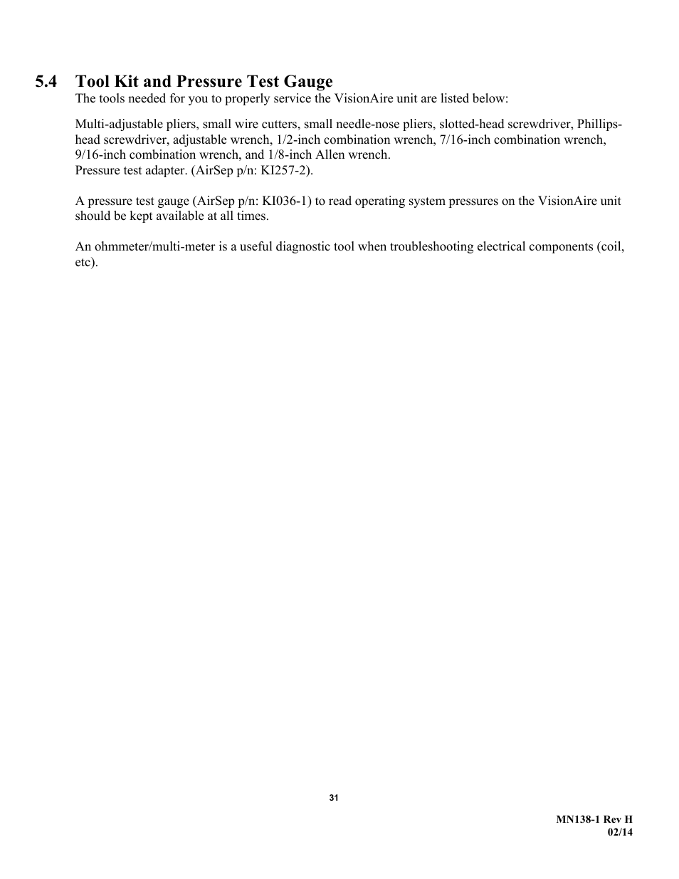 Tool kit and pressure test gauge | AirSep MN138-1 H User Manual | Page 37 / 46