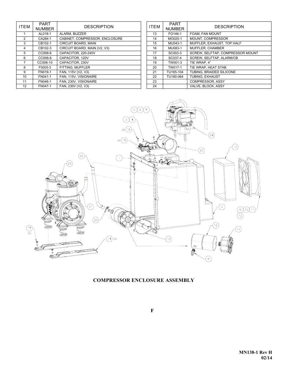 Compressor enclosure assembly f | AirSep MN138-1 H User Manual | Page 44 / 46