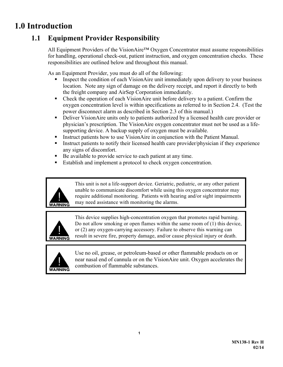 0 introduction, 1 equipment provider responsibility | AirSep MN138-1 H User Manual | Page 7 / 46